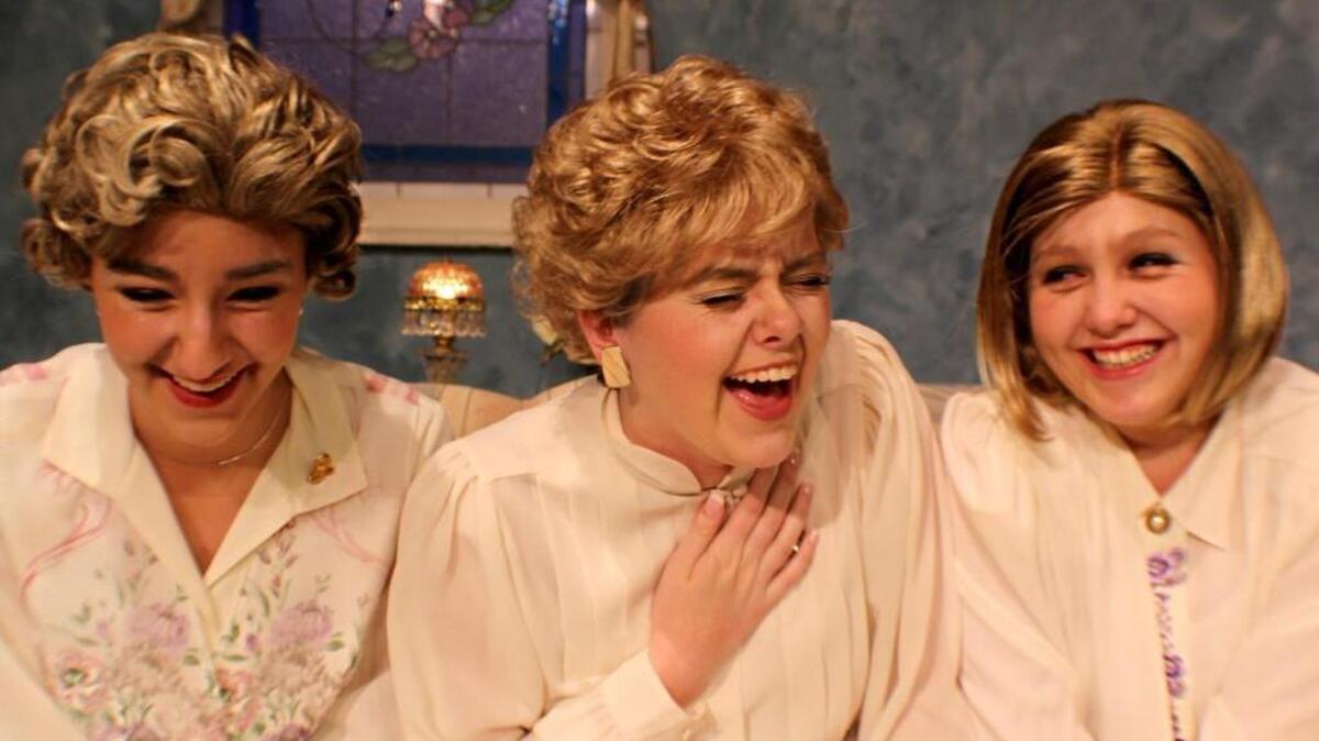 From left, Sarah Stone, Cailyn Rushin, and Jamie Stricklen rehearse a scene from “The Hummingbird Room.”
