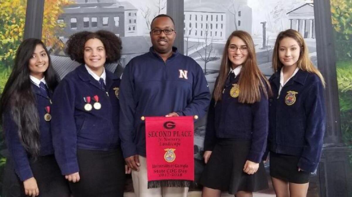 A team from Northside High School took second place in a state FFA Nursery/Landscape competition. From left are Kelly Patel, Brianna Beard, teacher Virgil Ballock, Abigail Vogh and Kadie Martin