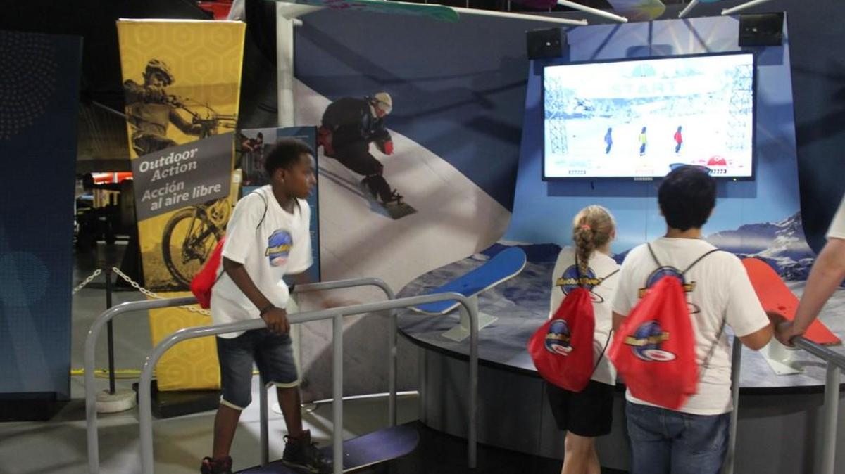 Virtual snowboarding is one part of the traveling Math Alive! exhibit currently at the Museum of Aviation.