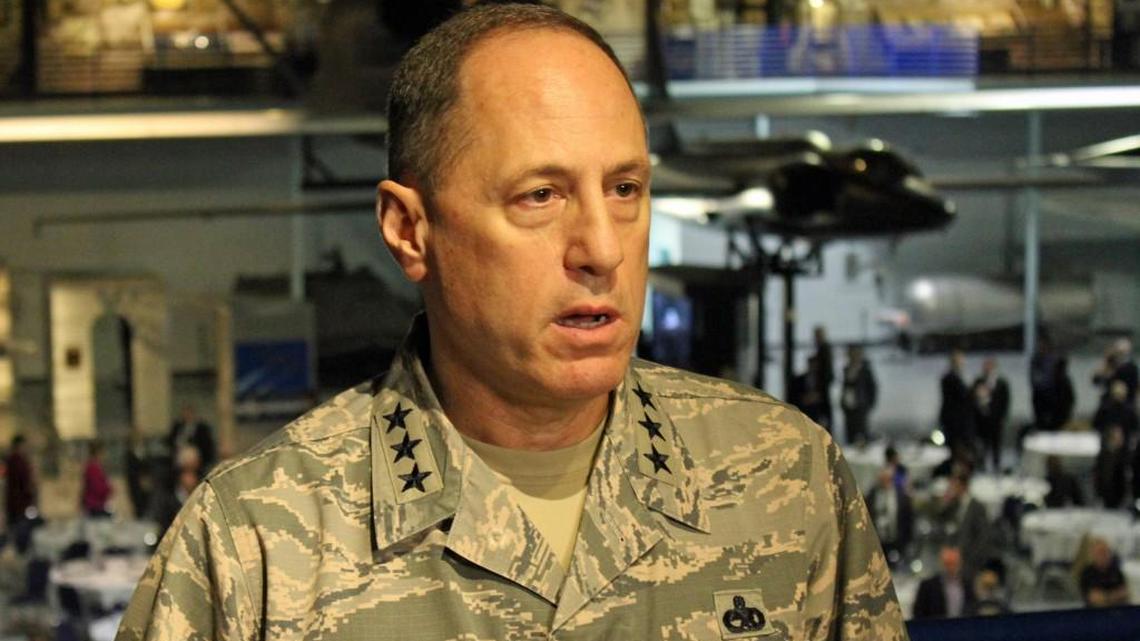 Lt. Gen. Lee Levy, commander of the Air Force Sustainment Center, speaks to reporters at the Museum of Aviation on Thursday.