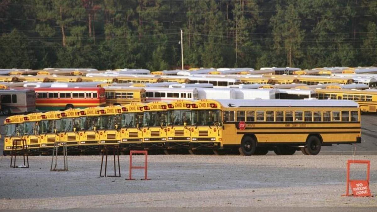 Blue Bird buses are lined up outside the company in Fort Valley in this Telegraph file photo.