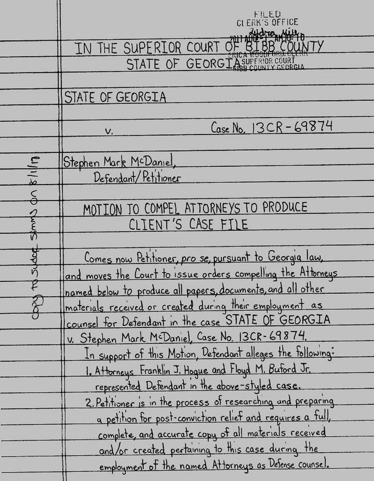 The first page of a handwritten court filing that Stephen McDaniel recently wrote.