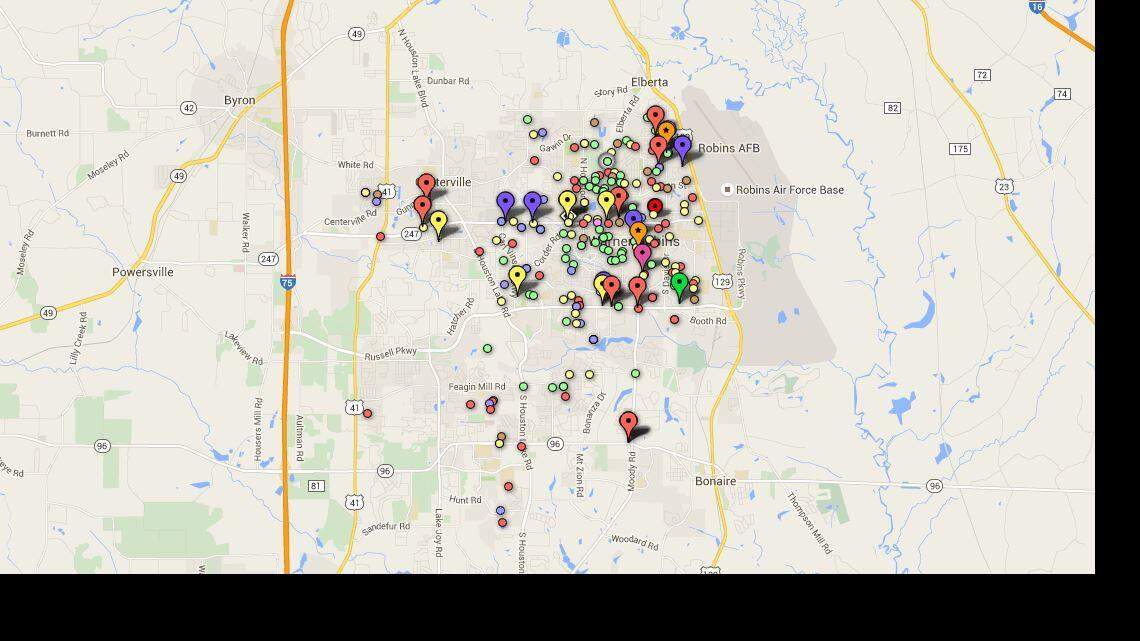 Where Warner Robins crimes were reported: February 2016
