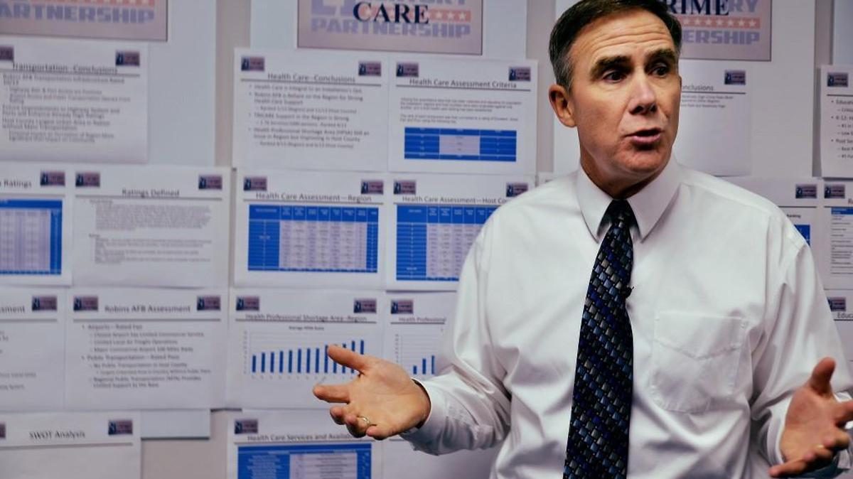 Robert McMahon talks with reporters in 2013 about the data the 21st Century Partnership aggregated about the Robins region and a dozen other similar communities. He has been nominated to be the assistant secretary of defense over logistics and materiel readiness.