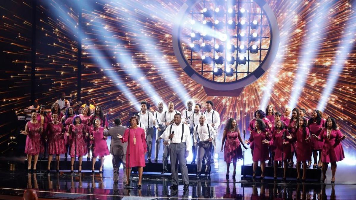 Elijah Bell, of Byron, center right, performs with DaNell Daymon & Greater Works gospel choir Tuesday on America’s Got Talent” on NBC.