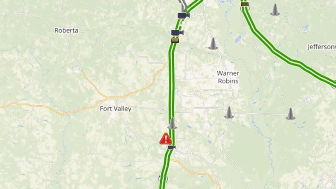The Georgia Department of Transportation shows the slow traffic on Interstate 75 north due to a truck accident Monday morning near Perry.