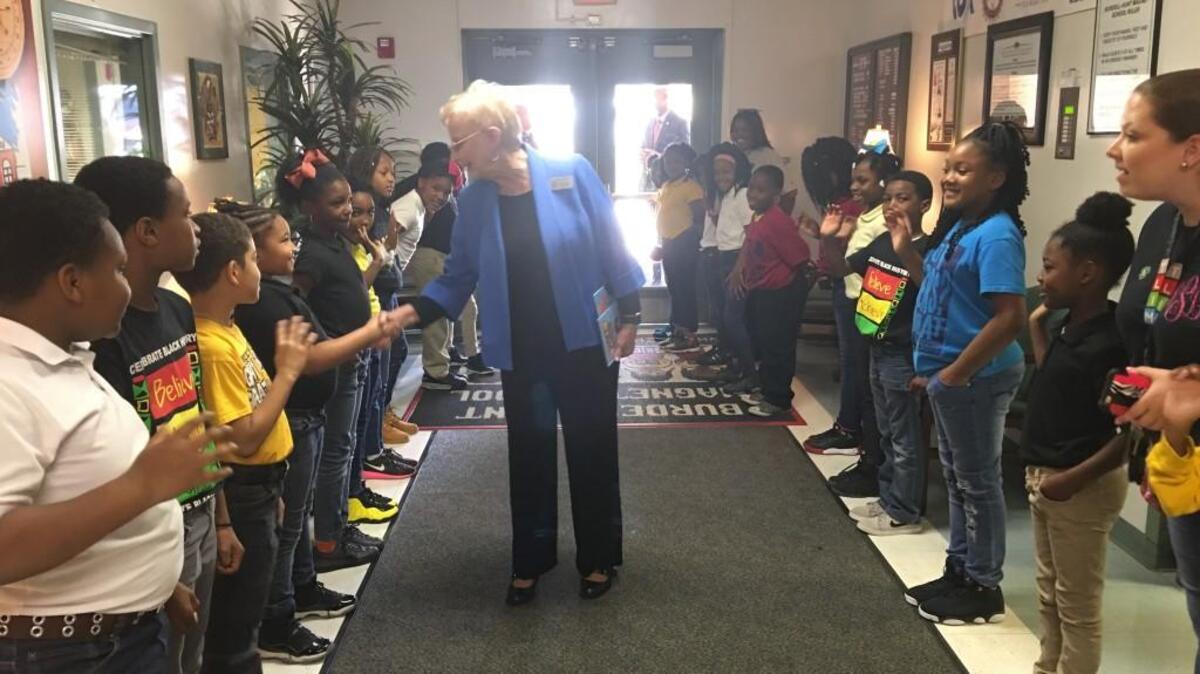 First Lady Sandra Deal visits with students at Bernd Elementary School on Friday morning.