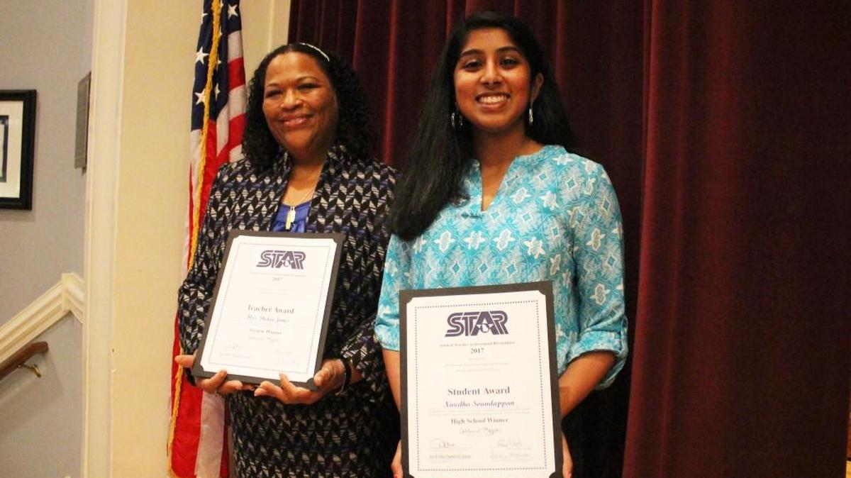 Houston County High School teacher Sheila Jones and senior Nivedha Soundappan won Houston’s 2017 STAR Teacher and Student awards Wednesday night.