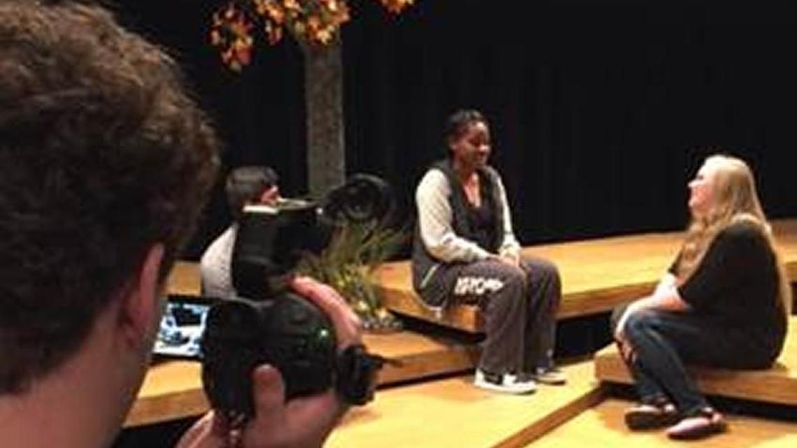 Perry High School drama students work on a project using new equipment from a Studio in a Box grant.