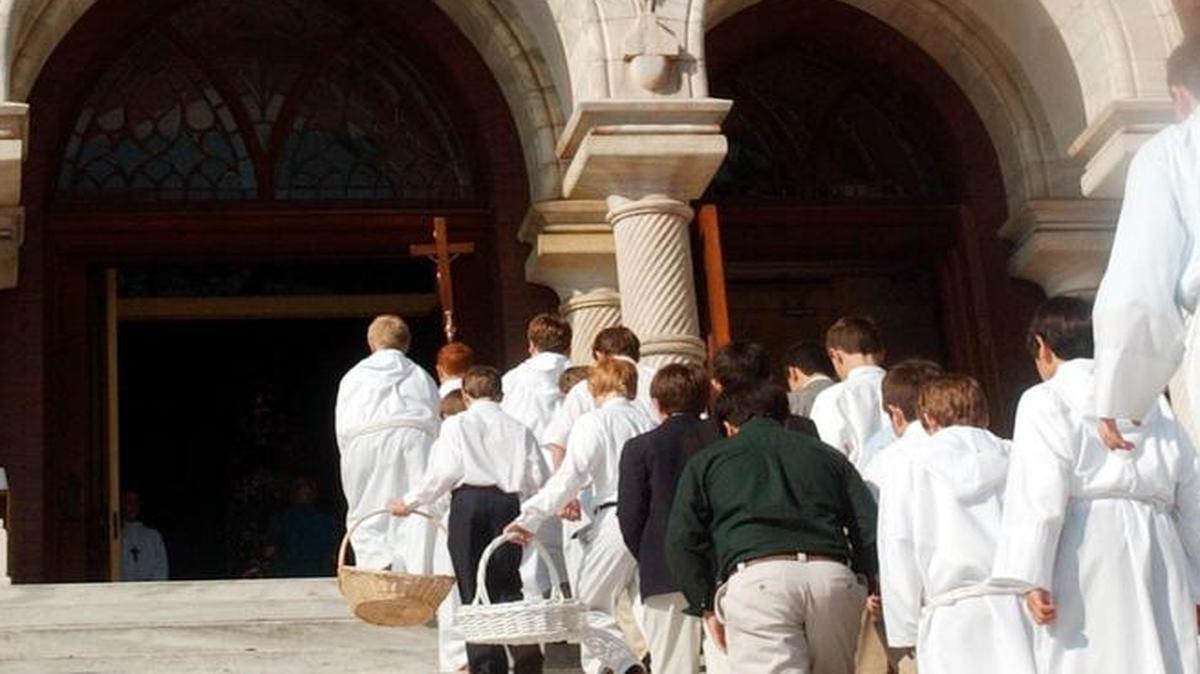St. Joseph’s Catholic School students take part in a procession for the annual May crowning of Mary.