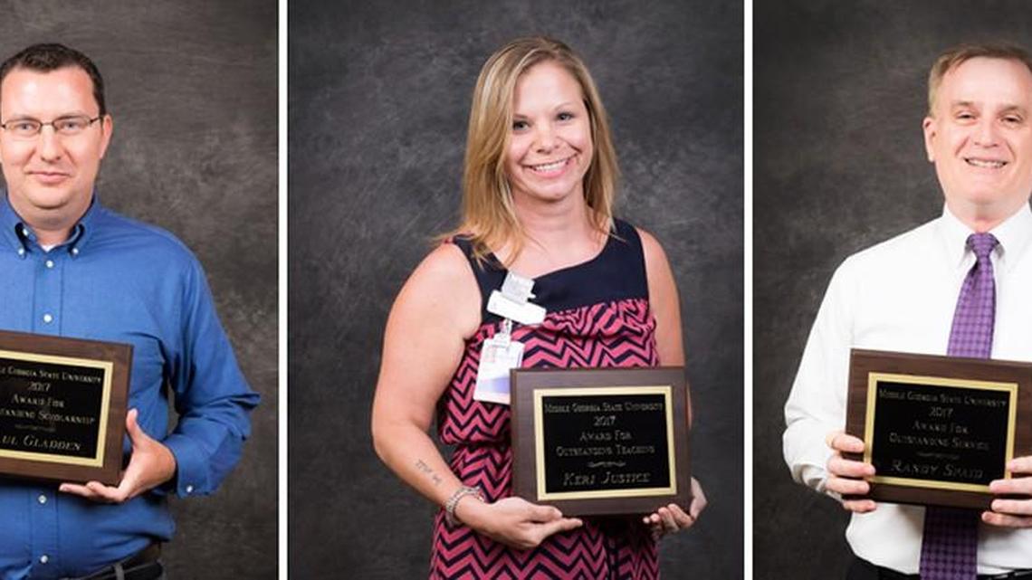 Paul Gladden, associate professor of psychology; Keri Justice, assistant professor of nursing; and education professor Randy Spaid won 2016-17 teaching awards from Middle Georgia State University.