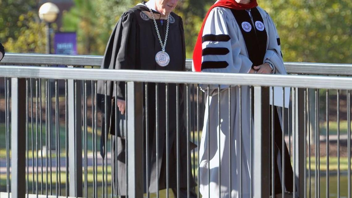 University System of Georgia Chancellor Hank Huckaby, left, is set to retire at the end of this year. He’s pictured with Middle Georgia State University President Christopher Blake the day of Blake’s inauguration in 2014.