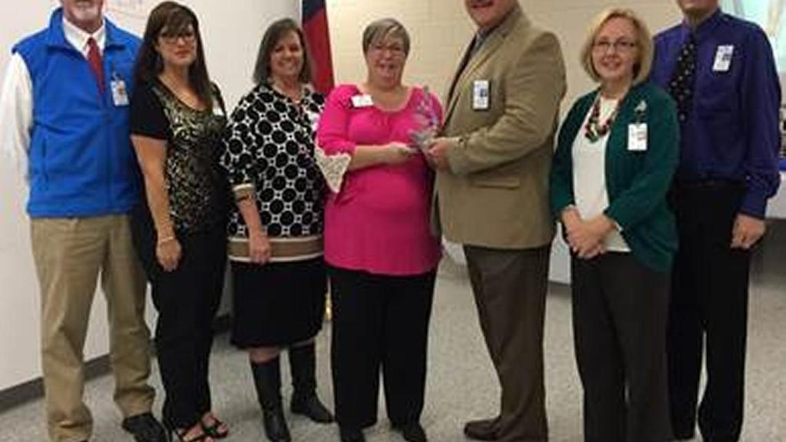 Pictured, from left, are Bonaire Elementary Principal Willis Jones, Lake Joy Primary Principal April Greene, Matt Arthur Elementary Principal VaRee Harrell, American Heart Association Youth Market Director Heather Griffin, Superintendent Mark Scott, David Perdue Primary Principal Leslie Shultz and David Perdue Elementary Principal Andy Payne.
