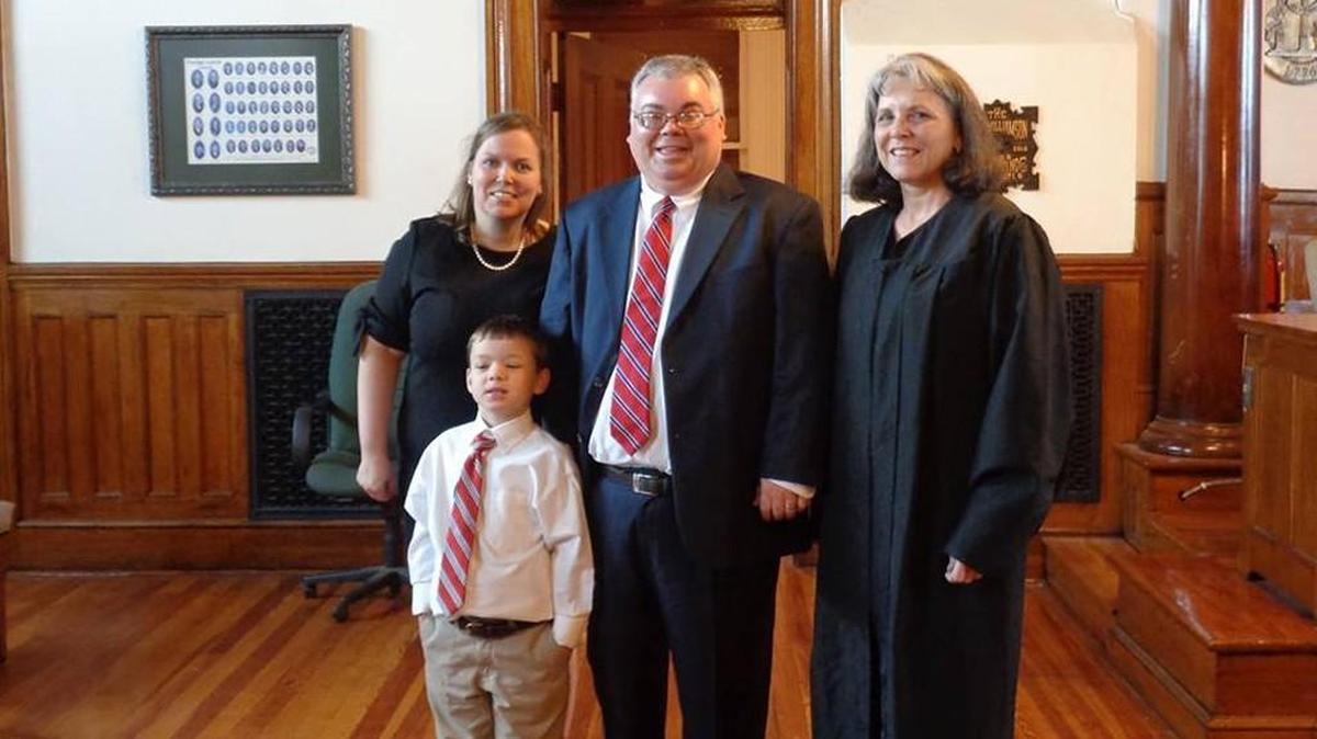 Laurie Pippin, Stuart Pippin, Monroe County Probate Judge Donna Robins and James Pippin, 6, are shown at Stuart Pippin’s Board of Education swearing-in ceremony Wednesday.
