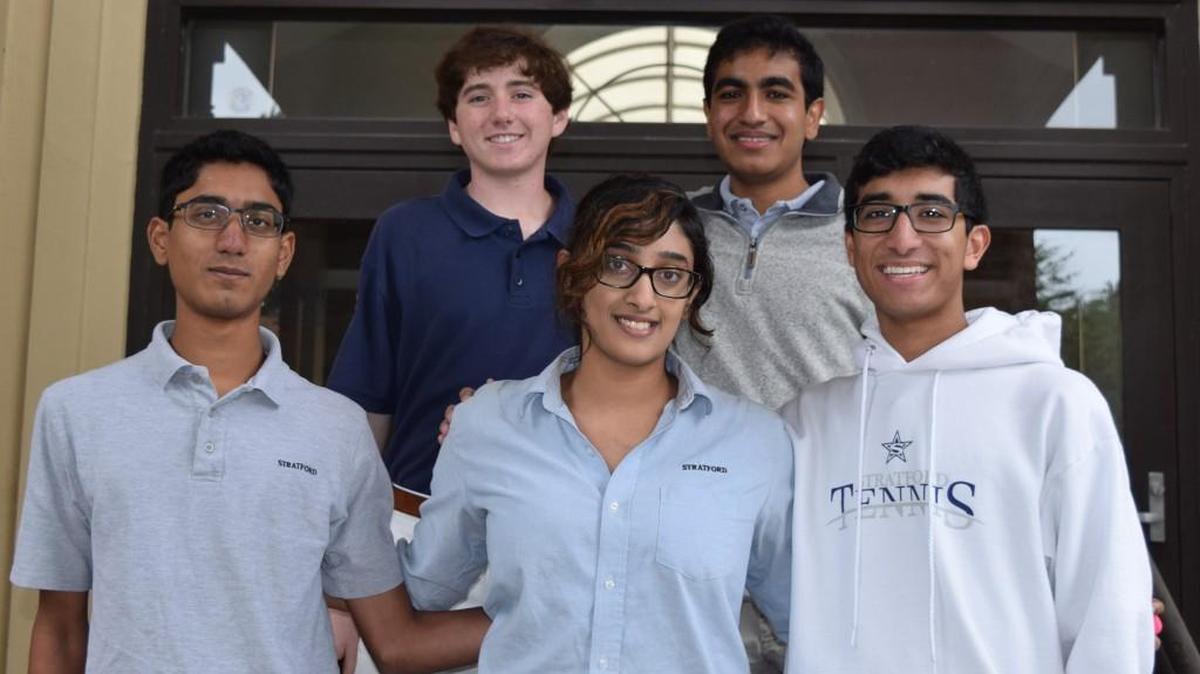 Stratford senior Tejas Athni, right, has been named a 2018 National Merit Semifinalist. Stratford seniors, from left, Shawn Shivdat, Mark Barrow, Manasa Vemuri and Sahan Dhruv Vangala were named National Merit Commended Scholars.