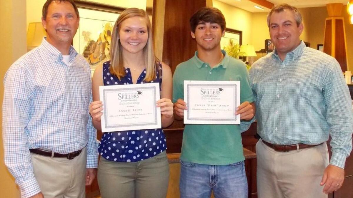 Anna Lyons, center left, and Drew Smith, center right, were honored with the Spillers Orthodontics Scholarship for 2016.