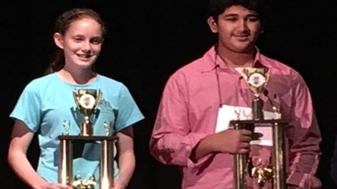 Eighth-grader Rebecca Kenny, left, won runner-up at the District 6 spelling bee Feb. 25. The District 6 winner this year was Krish Modi from Upson County.