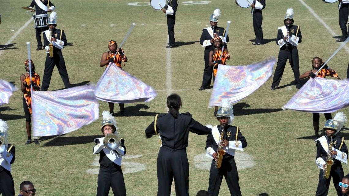 The Henry County High School marching band performs at the 2012 Heart of Georgia Marching Band Invitational, where 17 schools competed for prizes.
