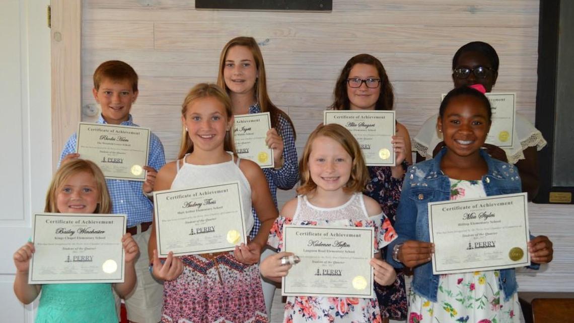 Perry Area Chamber of Commerce recognized its Students of the Quarter for the fourth quarter. Pictured on from row, from left, are Bailey Winchester of Kings Chapel Elementary School, Audrey Theis of Matt Arthur Elementary School, Kadence Arflin of Langston Road Elementary School and Mia Styles of Hilltop Elementary School; and back row, Rhodes Ham of The Westfield Lower School, Kaleigh Isgett of The Westfield Middle School, Allie Shugart of Tucker Elementary School and Sanaa Williams of Mossy Creek Middle School.