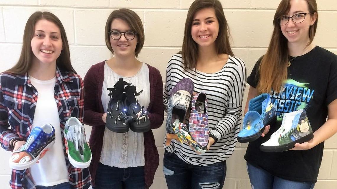 Houston County High School students are pictured with the shoes they designed for the Vans Custom Culture Contest. From left are Emily Pickens, Avery Eddy, Hannah Kipper and Angela Ashwood.