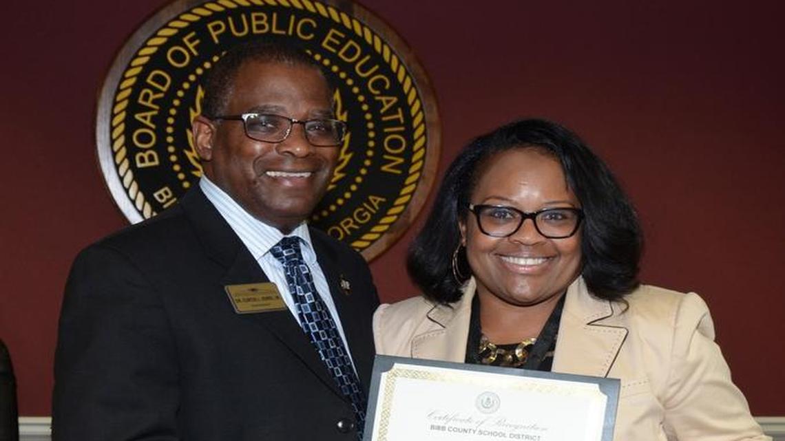 Cassandra Washington, right, the Bibb district’s director for career, technical and agricultural education, has been appointed to Lt. Governor Casey Cagle’s Education Turnaround Advisory Council. She is pictured here with Bibb Superintendent Curtis Jones.