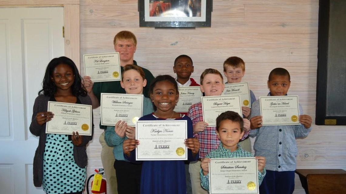 The Perry Chamber of Commerce’s Students of the Quarter are, front row from left, Kaelyn Nance, from Tucker Elementary; Sebastian Sanchez, Kings Chapel Elementary; middle row, Taliyah Gibson, Hilltop Elementary; William Stringer, Westfield Elementary; Bryant Hayes, Langston Road Elementary; Gesha’nn Heard, Morningside Elementary; back row, Cal Langston, Westfield Middle; Joshua Kenney, Mossy Creek Middle; and Jake Maxwell, Matt Arthur Elementary.