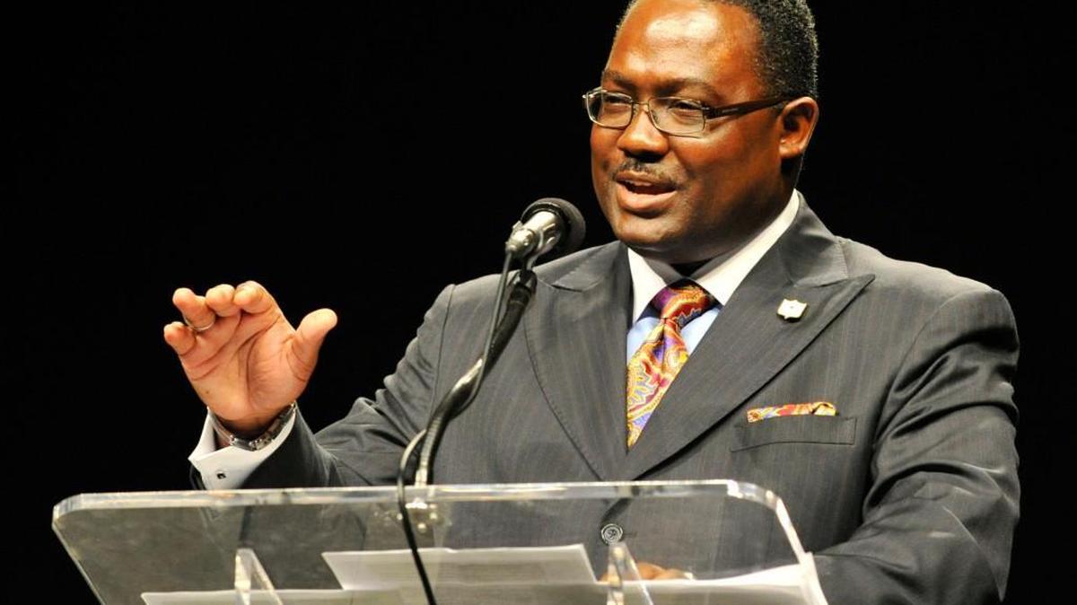Superintendent Romain Dallemand addresses teachers, faculty and staff at the Bibb County school system’s 2012-2013 convocation at the Macon Coliseum.