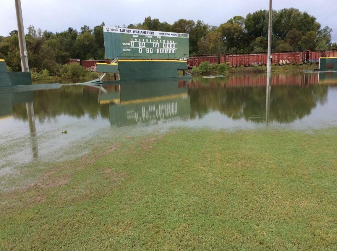 Tropical Storm Irma left a pond in the outfield of Luther Williams Field and blew down the fence after Macon had record rain and a wind gust of 61 mph.