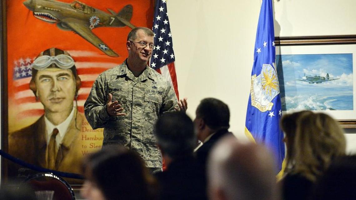 Brig. Gen. John Kubinec, new commander of the Warner Robins Air Logistics Complex, speaks to the Robins Regional Chamber of Commerce Aereospace Industry Committee at the Museum of Aviation.