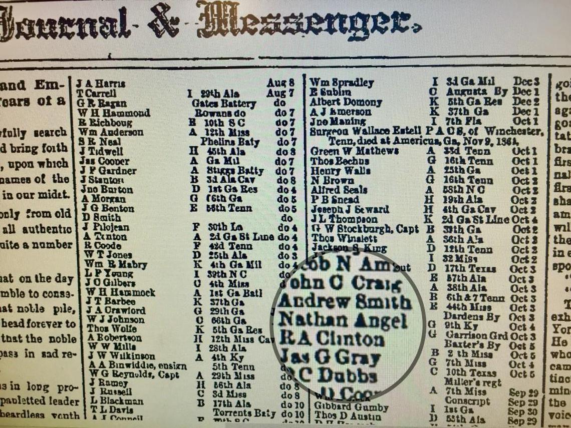 A clipping from an 1878 edition of the Georgia Weekly Telegraph and Journal & Messenger which shows names of nearly 600 Civil War dead who were buried in Macon’s Rose Hill Cemetery.