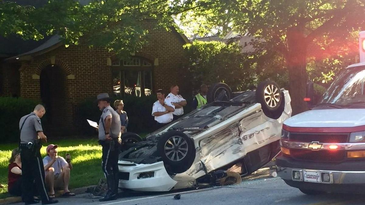 A white Honda Fit driven by a 20-year-old woman overturned after it was struck by 42-year-old Robert Onan, who drove an F-150 truck and allegedly ran a stop sign at Ridge Avenue and Riverdale Drive in Macon. Onan is charged with DUI, failure to yield and driving without insurance.