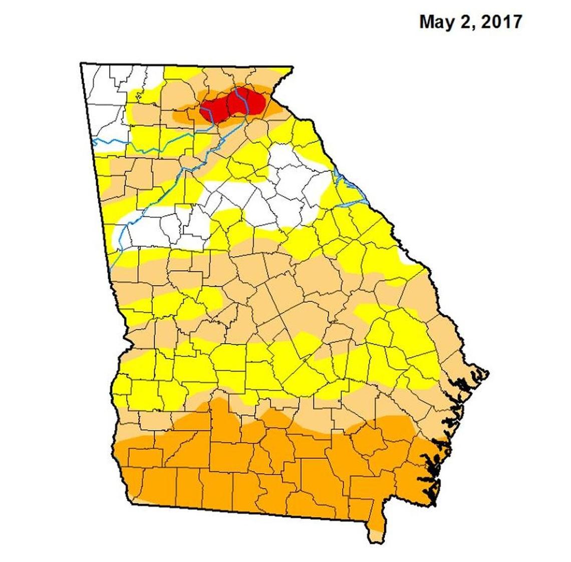 Drought conditions reached extreme levels in northeast Georgia in early May, but recent rains have relieved conditions in all but southern parts of the state. Yellow shows abnormally dry, tan is moderate drought,orange shows severe drought and red is extreme drought.
