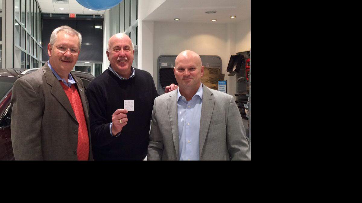 United Way of Central Georgia President & CEO, George McCanless, left, WDEN National Celebrity Correspondent, Jiimmy Carter,center, and Jeff Smith Automotive General Manager/Business Partner, John David Hudson, right, pose with the winning ticket.