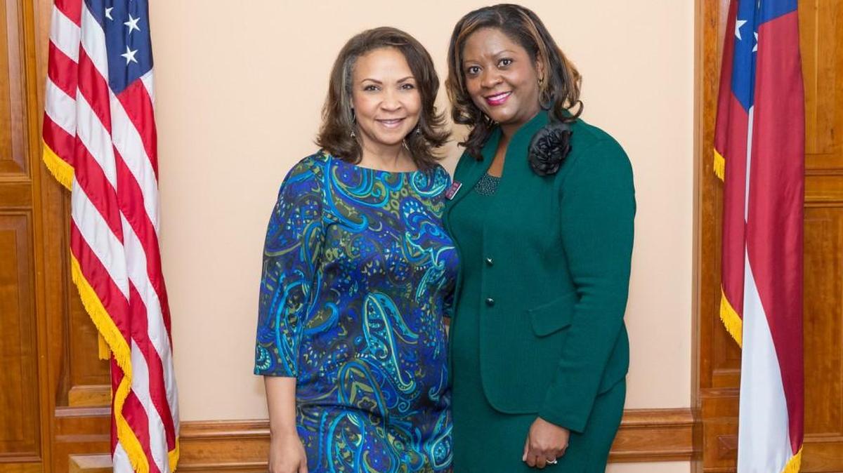 Miriam Paris (left) and Nikki Randall, pictured in 2016 at the state Capitol in Atlanta, where they’ve both been lawmakers. About a quarter of Georgia lawmakers are women, and Randall and Paris say women in office get treated differently from men.