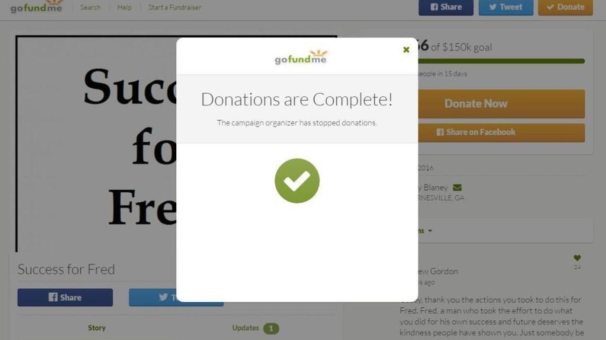 A notification on the GoFundMe donation page for Fred Barley states that the campaign organizer has stopped collecting donations.