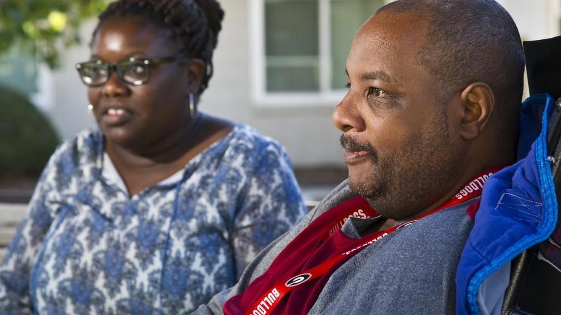 Brian Hill, pictured here in the courtyard of a Macon nursing home, has suffered two strokes. Hill and his wife, Lashanda, need help buying a handicapped-accessible van.