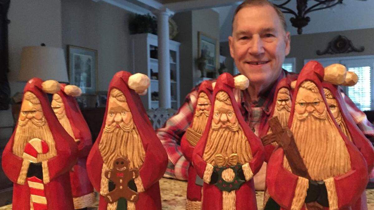 Neil Creter, a retired accountant, stays busy with his woodworking hobby. Every year at Christmas, he make wooden toys for children on American Indian reservations and carves wooden Santas for more than four dozen friends and family members. (He does not sell them, only gives them away.)