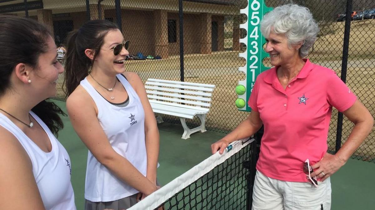 Jaime Kaplan, head coach of the undefeated Stratford Academy tennis team, was named the USTA Georgia High School Coach of the Year last month. She is shown her with players Eliza Freedman, left, and Lora Kate DiPonzio.
