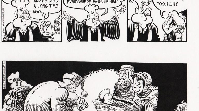 A sampling of cartoons by Mike Morgan, featuring "For Heaven's Sake"