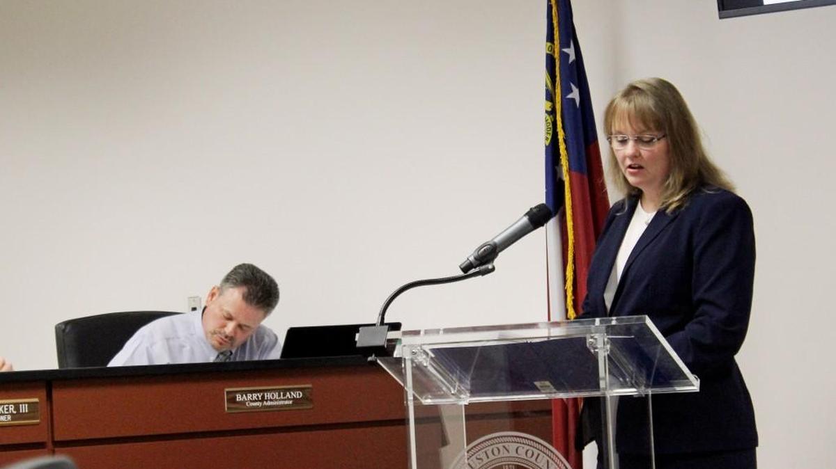 Michelle Seals speaks to the Houston County Commission meeting on Tuesday in a hearing on whether she and her husband could have six dogs instead of the three allowed under the animal control ordinance.
