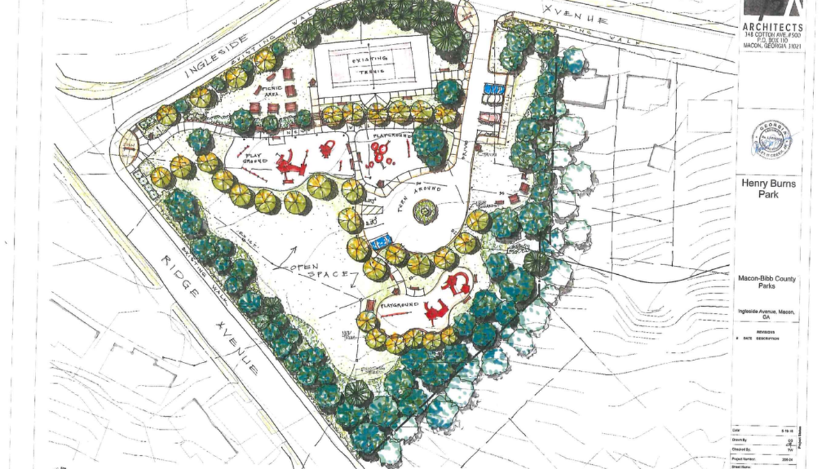 Master plan for the Henry Burns Park project. The design does not include the Boy Scout Hut, although the historic building will remain in the park. A neighborhood group is seeking to renovate the hut into a community meeting space.