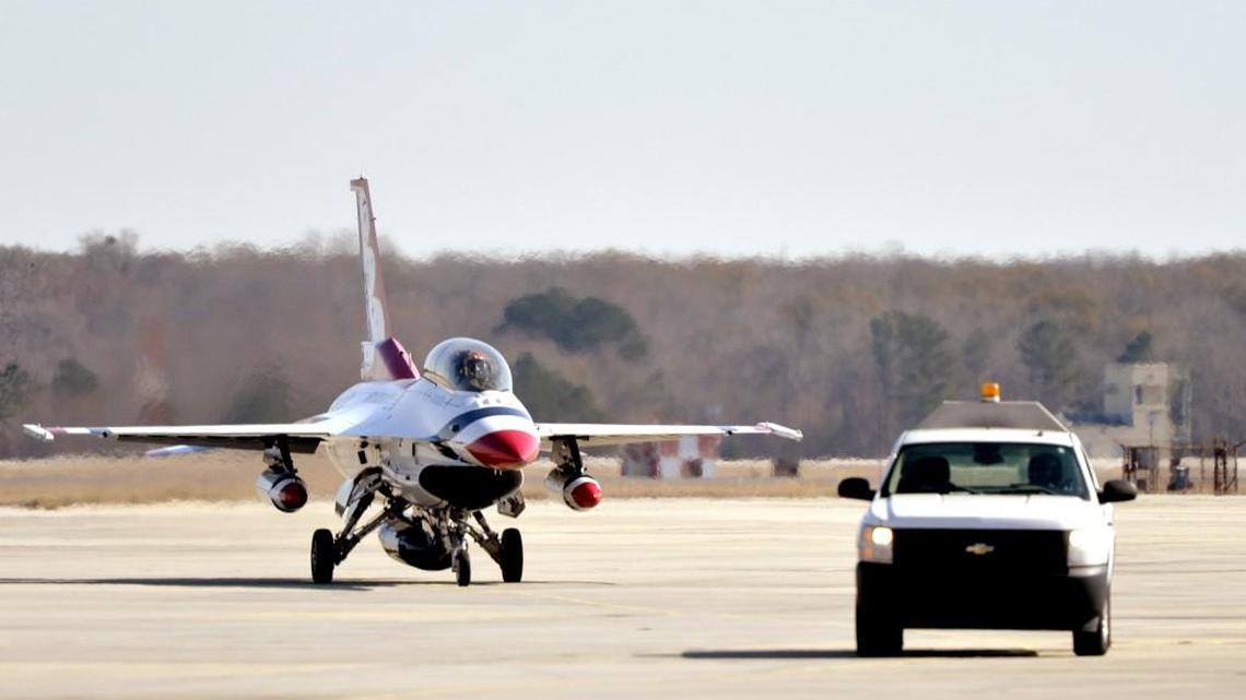 Maj. Scott Petz taxis an U.S. Air Force Thunderbirds' F-16 after landing at Robins Air Force Base in this February, 2016 file photo. State lawmakers in Atlanta want to make sure all Georgia’s military bases have a higher profile both at the state Capitol and in Washington, D.C.