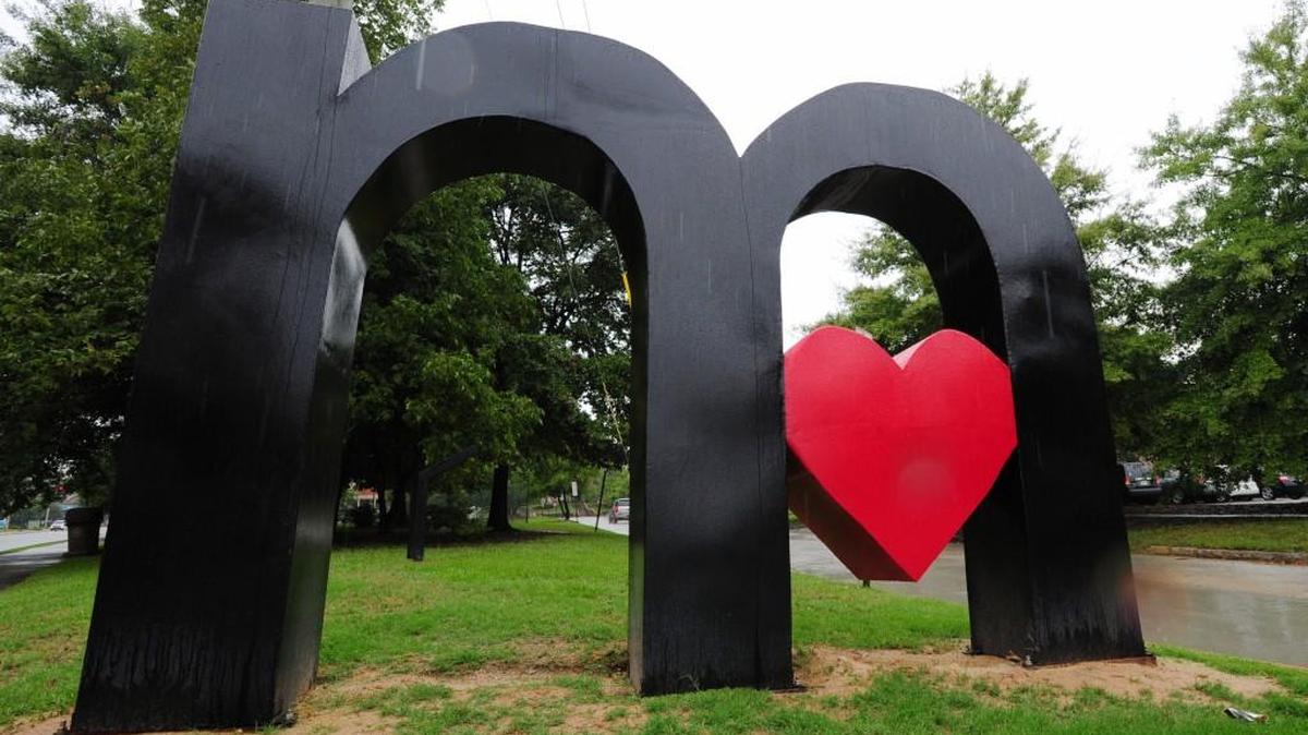 The “I Love Macon” sculpture by Jamie Ragan in Daisy Park on Forsyth Street.