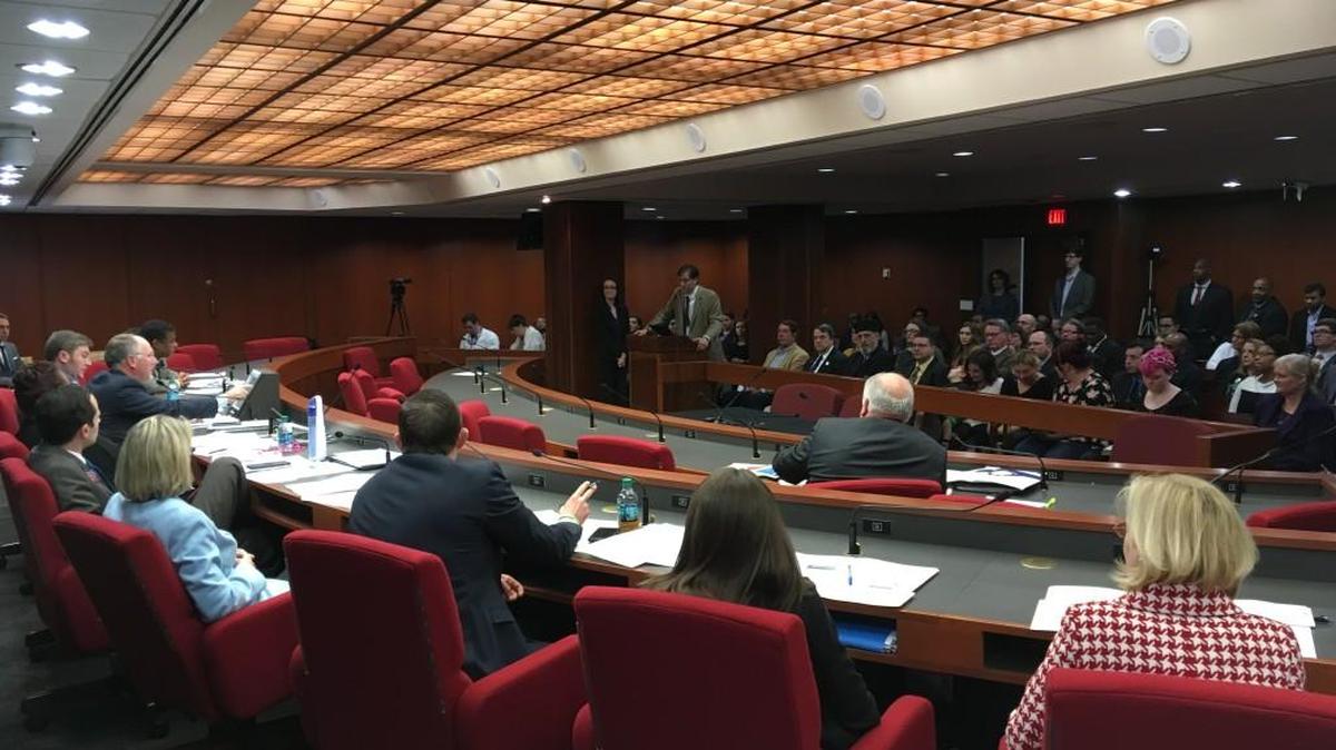 The Georgia House Medical Cannabis Working Group hears from David Bradford, a professor at the University of Georgia, during a hearing at the state Capitol on Wednesday. Bradford said research suggests that doctors in medical cannabis states prescribe fewer pharmaceutical drugs than in other states. Bradford told the committee that medical cannabis could save money in Georgia.