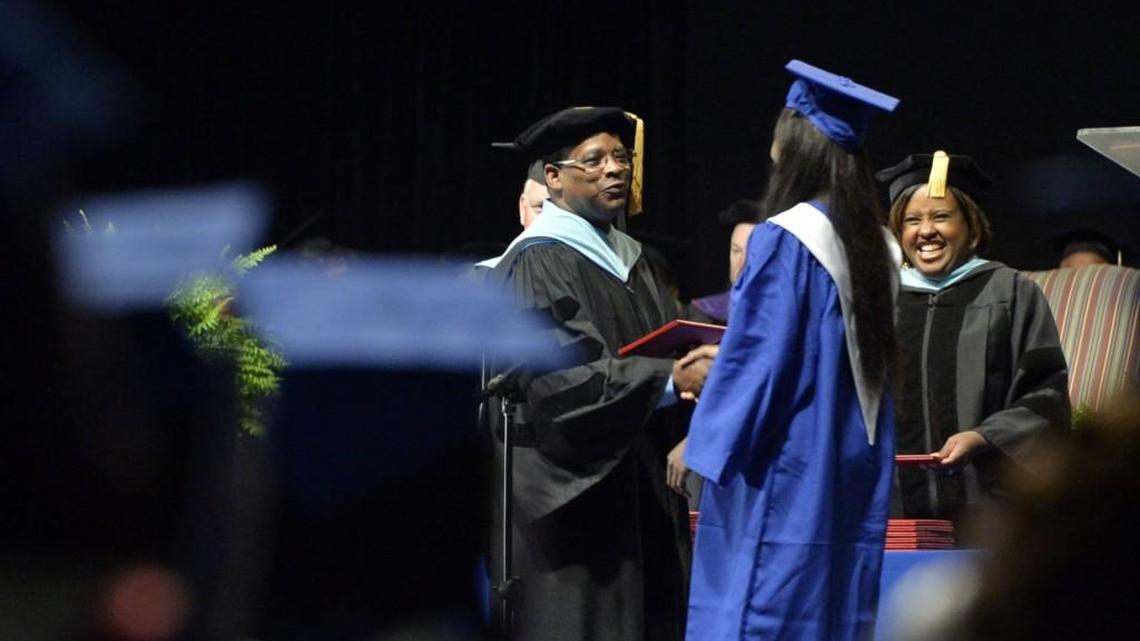 Bibb County schools Superintendent Curtis Jones congratulates graduates as he passes out diplomas May 28 at the Southwest High School graduation at the Macon Coliseum.