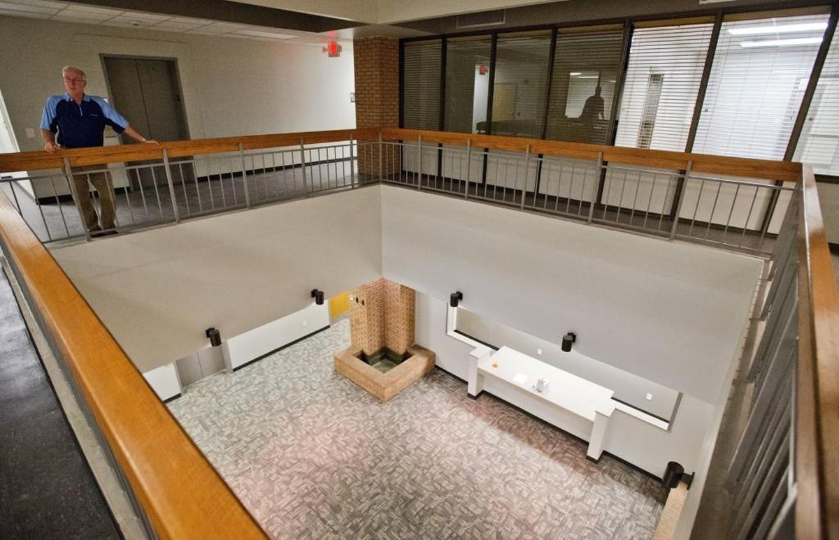 A view from upstairs of the reception area at the Bibb County Sheriff’s Office Annex in the former Sears building on Third Street in this 2016 photograph taken during the building’s renovation.