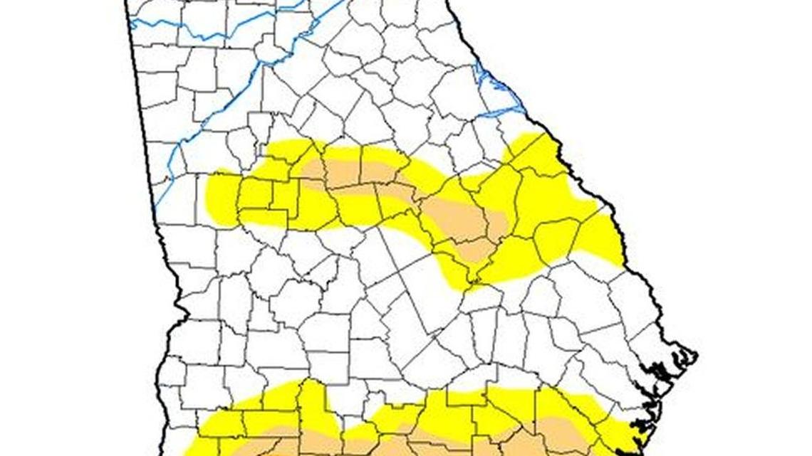Drought conditions in Georgia have greatly improved, although dry conditions prevail in southern parts of the state. Yellow shows abnormally dry, while tan is moderate drought and the orange shows severe drought.