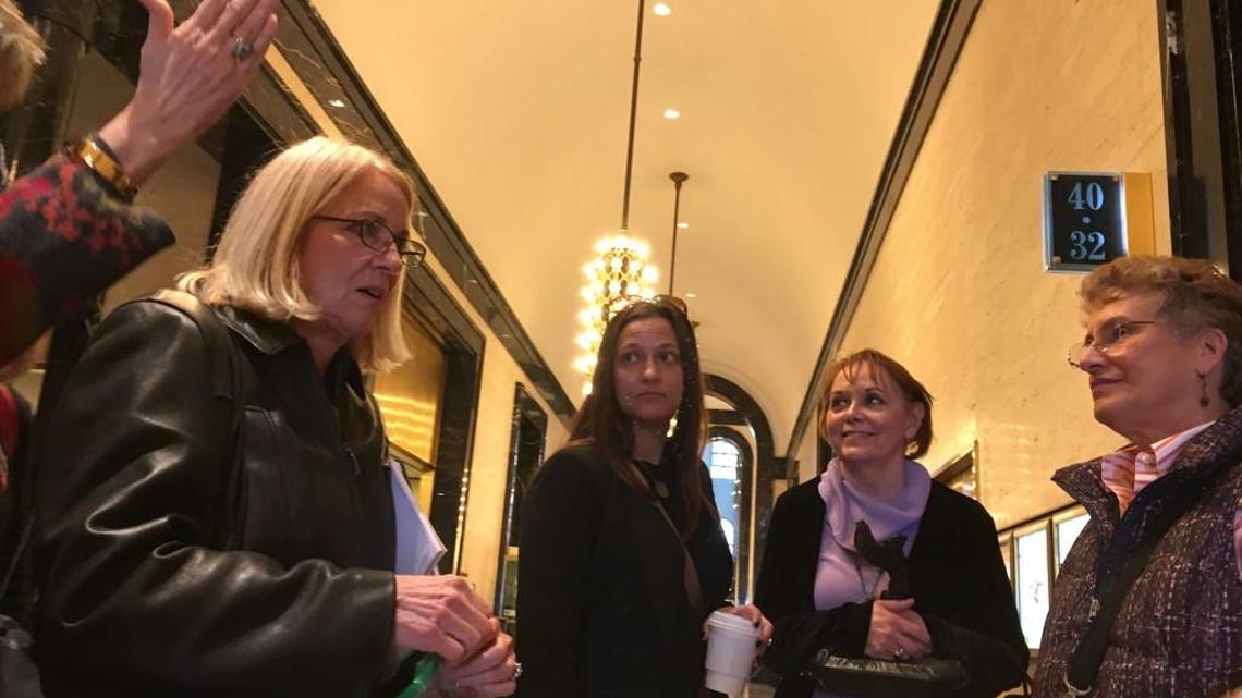 A group of midstate activists met with a representative of Republican U.S. Sen. David Perdue at his office in Atlanta on Thursday to express their support of the Affordable Care Act. After the meeting, in a lobby downstairs, (pictured from left to right) Lynn Snyder, Molly Wilkins, Yvonne Stuart and Tracie Jenkins, discuss what they and fellow activists heard.