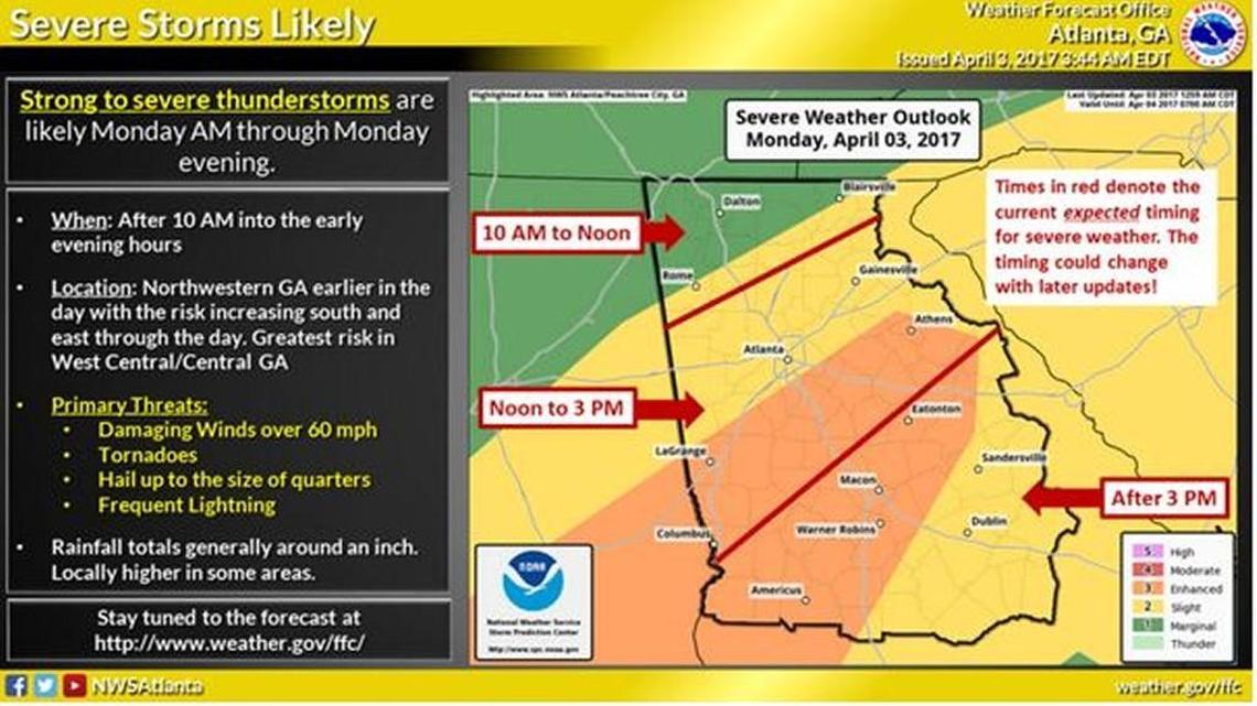 The National Weather Service warns of the potential for severe weather on April 3, 2017.