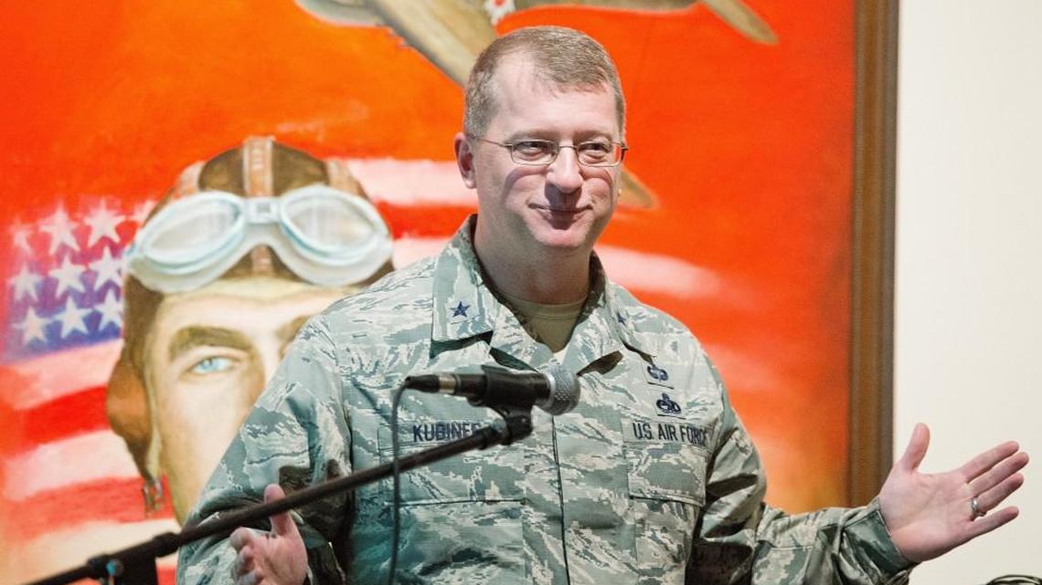 Brig. Gen. John Kubinec, commander of the Warner Robins Air Logistics Complex, speaks at a 21st Century Partnership meeting at the Museum of Aviation Thursday.